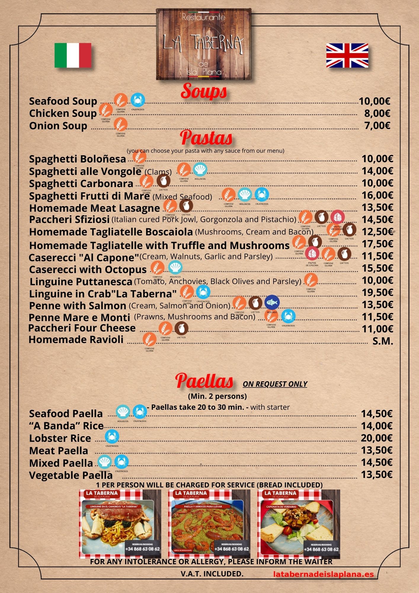 LA TABERNA DE ISLA PLANA CARTA 2025 SOUPS Y PASTAS INGLES ACTUALIZADA AGOSTO 2025